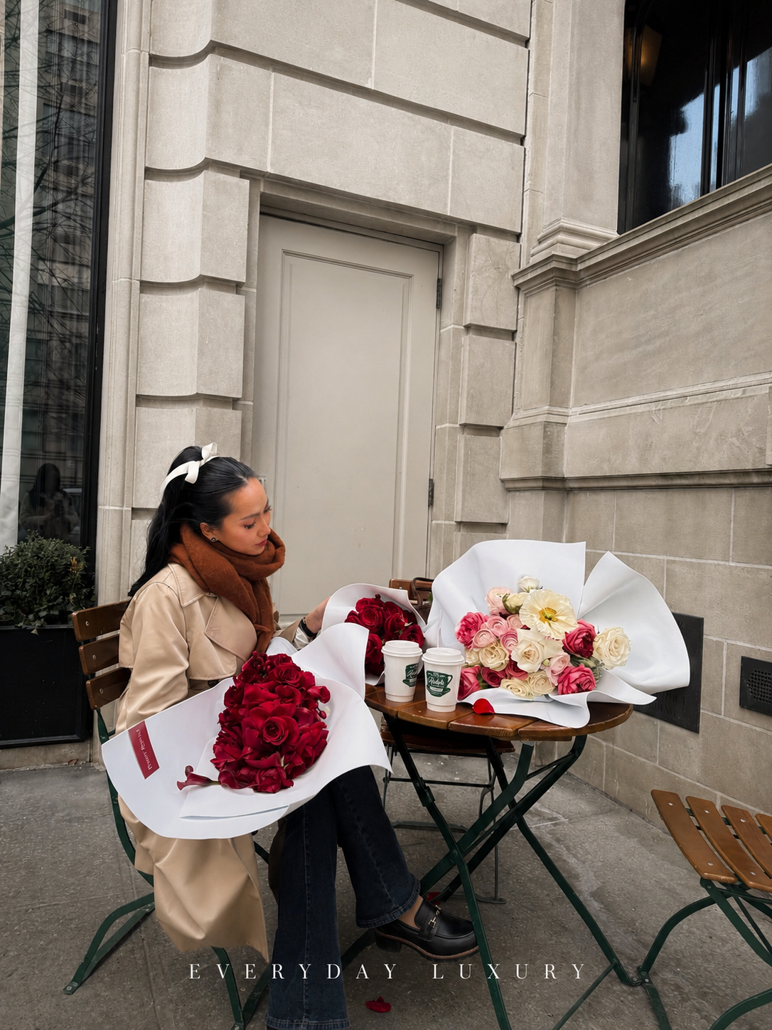 Everyday luxury with wrapped bouquets on a Manhattan sidewalk