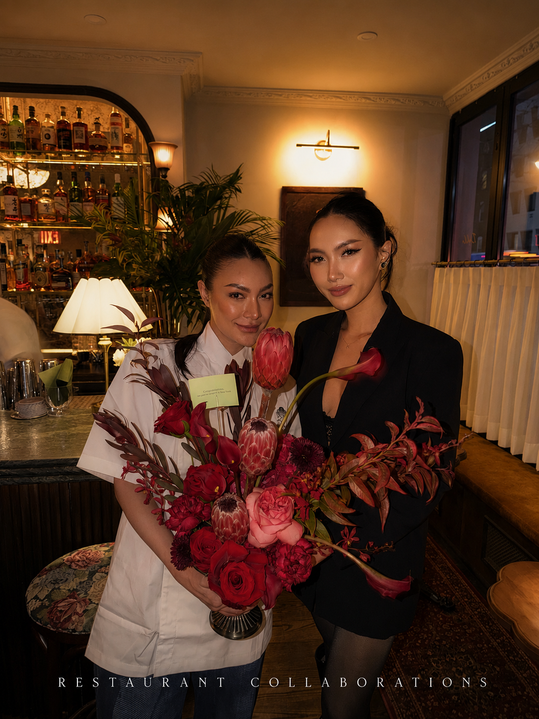 Restaurant collaboration with a burgundy arrangement